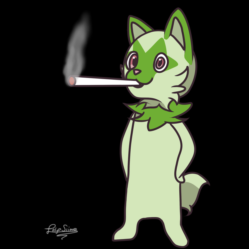 1:1 absurd_res ambiguous_gender drugs felid feline feral folfslime fur generation_9_pokemon green_body green_fur hi_res mammal marijuana mario_smoking_weed nintendo pokemon pokemon_(species) pose ralsei_smoking_blunt red_nose smoke smoking solo sprigatito