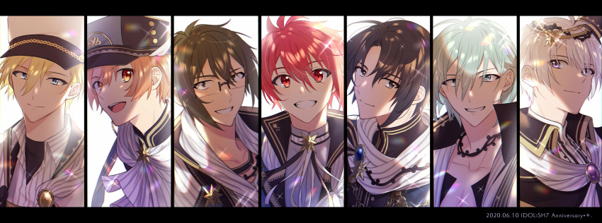 6+boys :d absurdres anniversary aqua_hair blonde_hair blue_eyes brooch brown_eyes brown_hair chromatic_aberration closed_mouth collarbone column_lineup copyright_name glasses glint hair_between_eyes hat highres idol idol_clothes idolish7 idolish7_(idolish7) izumi_iori izumi_mitsuki jewelry looking_at_viewer male_focus mini_hat multiple_boys nanase_riku nikaido_yamato open_mouth orange_hair osaka_sougo peaked_cap purple_eyes red_eyes red_hair rimless_eyewear rokuya_nagi shirt short_hair smile sparkle star_(symbol) striped_clothes striped_shirt unapoppo upper_body white_hair yellow_eyes yotsuba_tamaki