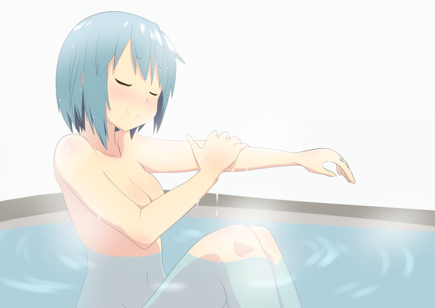 bathing bathtub blue_hair blush breasts cleavage closed_eyes colored_skin female highres mahou_shoujo_madoka_magica mahou_shoujo_madoka_magica_(anime) medium_breasts miki_sayaka navel nude partially_submerged red_skin ripples rushou_kei short_hair smile solo steam water