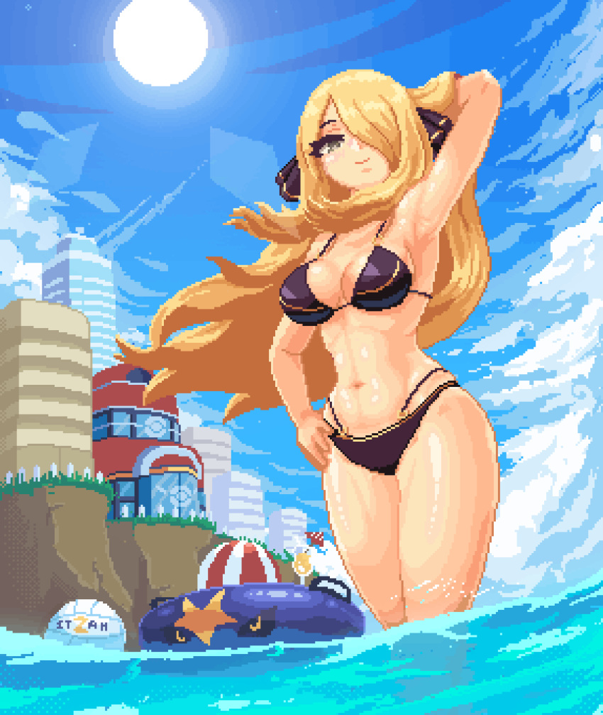 animated animated arm_behind_head arm_up armpits artist_name ball bare_shoulders beachball bikini black_bikini blinking blonde_hair blue_sky breasts building cleavage cliff closed_mouth cloud cloudy_sky cocktail cocktail_umbrella cup cynthia_(pokemon) day drinking_glass eyelashes female fence floating_hair garchomp grass grey_eyes hair_ornament hair_over_one_eye hand_on_own_hip highres innertube itzah long_hair looking_at_viewer medium_breasts multi-strapped_bikini_bottom navel o-ring o-ring_bikini o-ring_bottom one_eye_covered outdoors parted_bangs partially_underwater_shot pixel_art pokemon pokemon_bw pokemon_center sidelocks sky smile solo standing stomach sun swept_bangs swim_ring swimsuit very_long_hair volleyball volleyball_(object) wading water wind