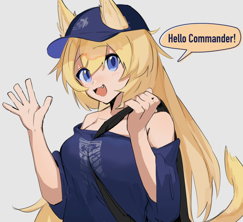 :d animal_ears bare_shoulders between_breasts blonde_hair blue_eyes blue_shirt blush breasts chesed_(uporyz) commentary dog_ears dog_tail english_text eyes_visible_through_hair female girls'_frontline grey_background hair_between_eyes hat highres long_hair looking_at_viewer m500_(daydreaming_in_class)_(girls'_frontline) m500_(girls'_frontline) medium_breasts oerba_yun_fang open_mouth shirt simple_background smile solo speech_bubble tail upper_body waving