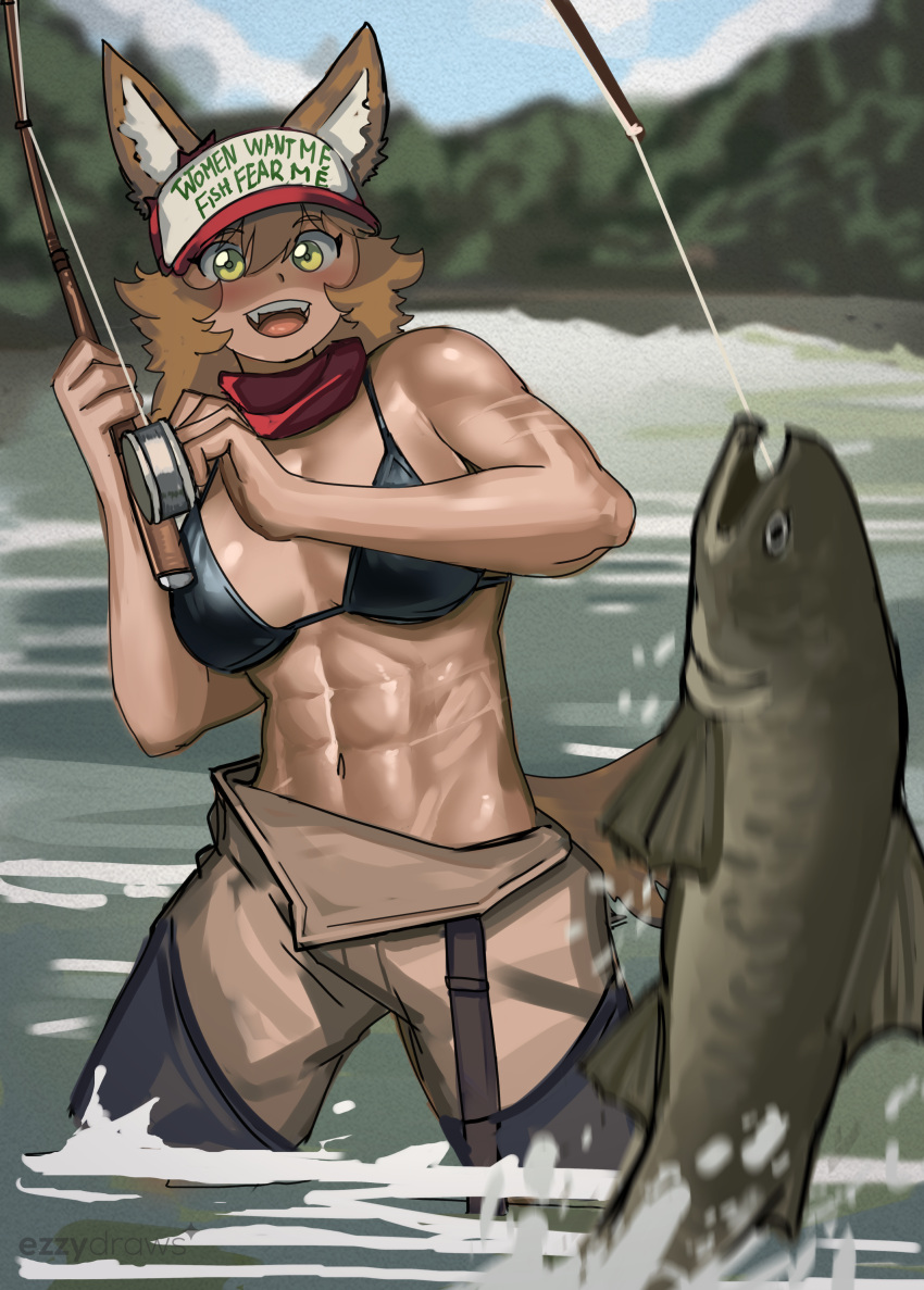 abs absurdres animal_ears bikini brown_hair ezzydraws fangs female fish fishing fishing_rod hat highres lake meme multiple_scars muscular muscular_female original outdoors salmon_(fish) scar solo swimsuit tail tan water women_want_me_fish_fear_me_(meme) yellow_eyes