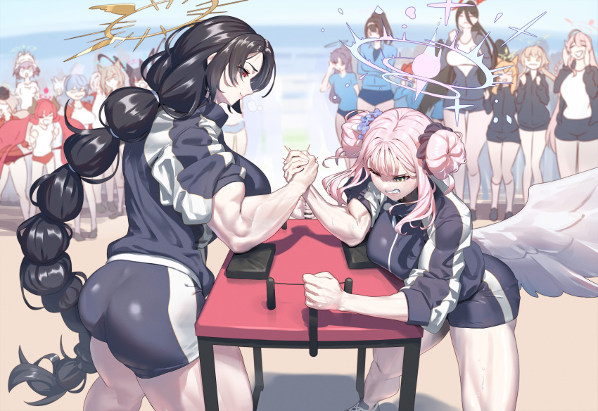 6+girls 702_96 absurdres akari_(blue_archive) ako_(blue_archive) ako_(track)_(blue_archive) animal_ears arm_wrestling ass blue_archive braid breasts bucket_hat buruma cheering clenched_teeth combat_helmet commission elbows_on_table gym_shorts gym_uniform halo hanako_(blue_archive) hand_on_table hasumi_(blue_archive) hasumi_(track)_(blue_archive) hat helmet hifumi_(blue_archive) highres hinata_(blue_archive) junko_(blue_archive) large_breasts long_hair maki_(blue_archive) mari_(blue_archive) mari_(track)_(blue_archive) mika_(blue_archive) multiple_girls muscular muscular_female official_alternate_costume saki_(blue_archive) serika_(blue_archive) shiroko_(blue_archive) shorts single_braid small_breasts struggling table teeth very_long_hair yuuka_(blue_archive) yuuka_(track)_(blue_archive)