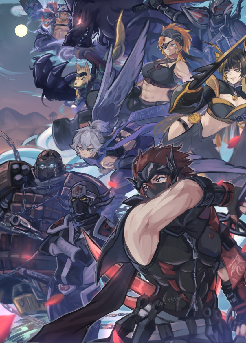 2girls 6+boys abs arm_blade armpits baku_the_beast_ninja black_hair black_shirt blonde_hair blue_eyes breasts brown_armor brown_eyes brown_hair brown_helmet cleavage crop_top crossed_arms duel_monster eyepatch full_moon furry furry_male grey_hair helmet high_ponytail highres hip_vent holding holding_sword holding_weapon jioh_the_gravity_ninja kagero_the_cannon_ninja kuji-in long_hair mask meizen_the_battle_ninja mitsu_the_insect_ninja mole mole_under_eye moon mouth_mask multicolored_hair multiple_boys multiple_girls muscular muscular_female navel night ninja ninja_grandmaster_hanzo ninja_grandmaster_saizo orange_hair pipu_012 shirt short_hair sleeveless sleeveless_jacket sword tobari_the_sky_ninja trait_connection twitter_username two-tone_hair watermark weapon wings yaguramaru_the_armor_ninja yu-gi-oh!