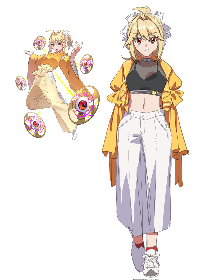 black_sports_bra blonde_hair corrupted_twitter_file crop_top female guumin hair_ribbon highres jacket midriff multiple_views navel pants ponytail red_eyes ribbon shoes simple_background sneakers socks sports_bra standing touhou touhou_(pc-98) white_background white_footwear white_pants yellow_jacket yellow_pants yuugenmagan