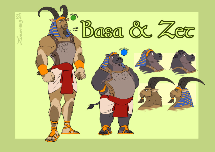 2024 5_fingers 5_toes anthro armor basa_(zummeng) beard beard_ring bovid brown_body brown_fur caprine character_name clothed clothing common_hippopotamus duo facial_hair feet fingers footwear fur goat grey_body grey_skin hi_res hippopotamid horn humanoid_feet humanoid_hands ibex male mammal model_sheet plantigrade sandals signature toes zet_(zummeng) zummeng