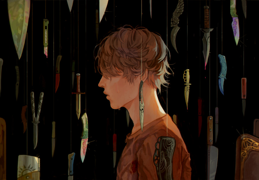 1boy amamiya_ren black_background blood blood_on_clothes boxcutter brown_hair commentary covered_eyes dagger english_commentary glint hair_over_eyes ionomycin kitchen_knife knife male_focus multiple_weapons parted_lips persona persona_5 profile scissors short_hair solo string sun_symbol sword tears upper_body weapon winged_sword