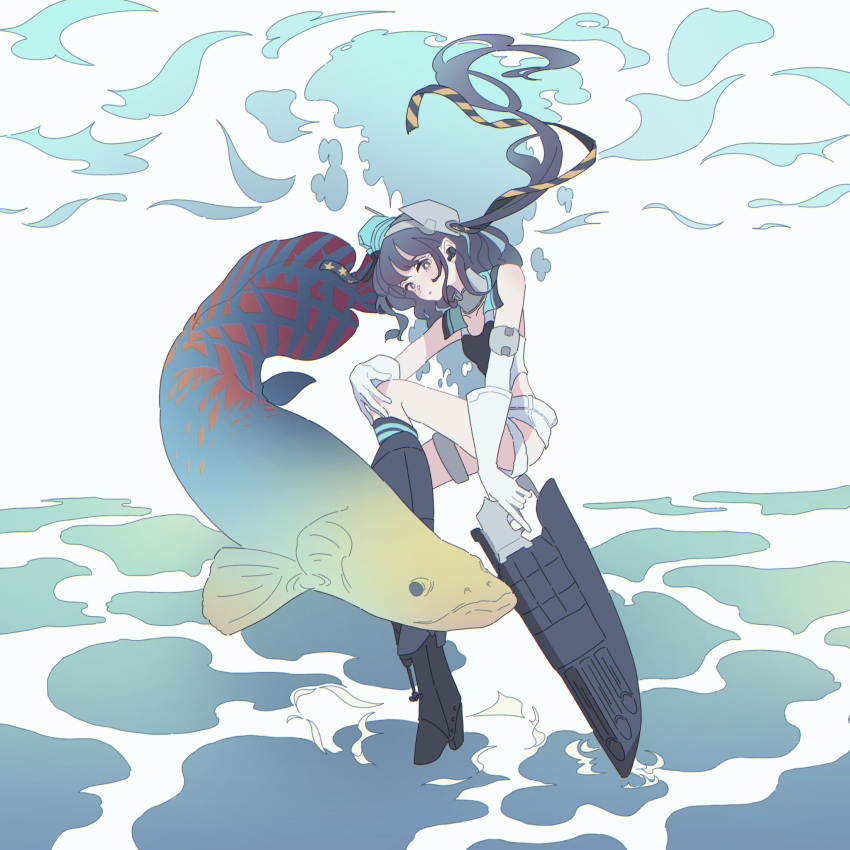 animal aqua_hat arapaima black_hair breasts earpiece elbow_gloves female fish full_body garrison_cap gloves hair_ribbon hat headgear highres kantai_collection long_hair nanakoma one-piece_swimsuit parted_lips ponytail ribbon scamp_(kancolle) short_shorts shorts side_ponytail small_breasts star_(symbol) swimsuit underwater white_gloves white_shorts