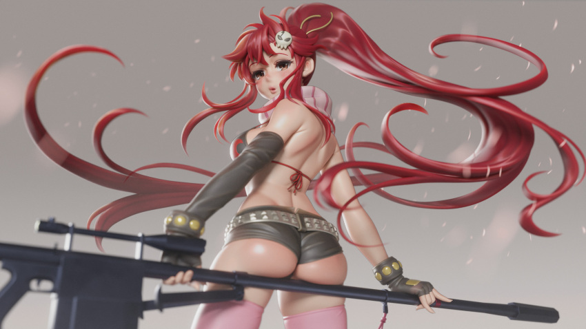 3d anti-materiel_rifle ass back belt bikini bikini_top_only breasts commentary english_commentary female flame_print from_behind gun hair_ornament highres lips long_hair looking_at_viewer no_shirt pink_thighhighs ponytail red_hair rifle scarf skull_hair_ornament sniper_rifle solo striped_clothes striped_scarf studded_belt studded_bracelet swimsuit tengen_toppa_gurren_lagann thighhighs ucupumar very_long_hair weapon yoko_littner