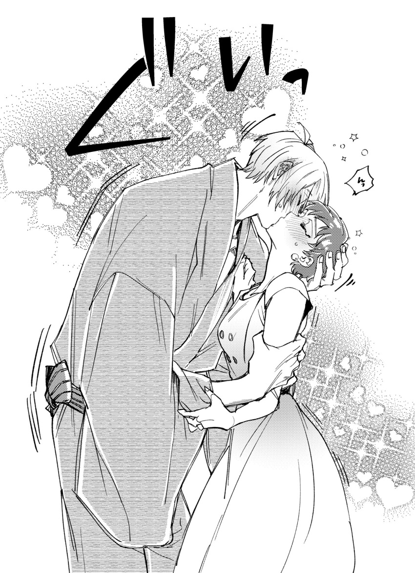 1boy blush closed_eyes couple cowboy_shot dress ear_blush emnaku_(gensenkan) female from_side gegege_no_kitarou greyscale hand_on_another's_arm hand_on_another's_cheek hand_on_another's_face hand_on_another's_head head_tilt heart heart_background highres husband_and_wife iwako_(gegege_no_kitarou) japanese_clothes kimono kissing leaning_forward medama_oyaji_(human) monochrome obi sash short_hair straight white_dress