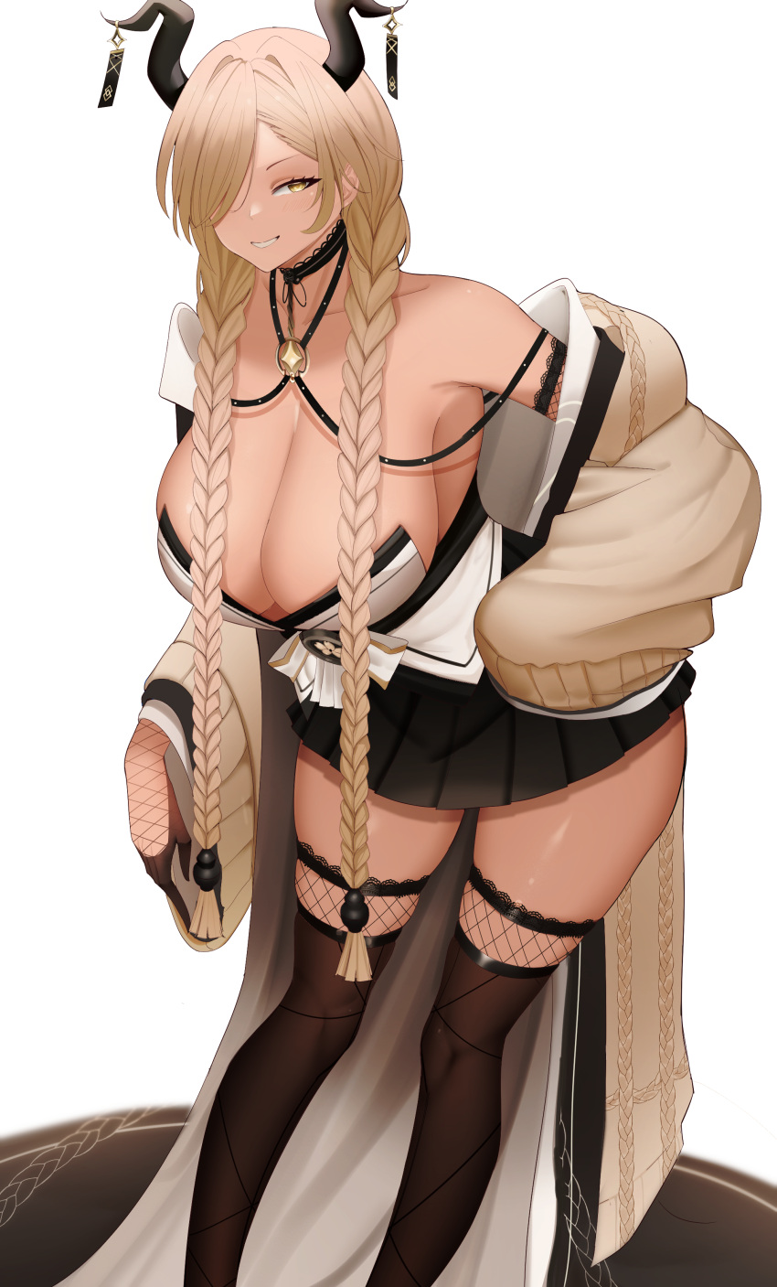 absurdres azur_lane bare_shoulders black_choker black_horns black_skirt blonde_hair braid breasts brown_coat brown_gloves brown_thighhighs cable_knit choker cleavage coat commentary english_commentary feet_out_of_frame female fishnet_thighhighs fishnets gloves hair_over_one_eye highres horn_ornament horns huge_breasts jewelry large_horns leaning_forward long_hair long_sleeves looking_at_viewer low_twin_braids miniskirt open_clothes open_coat owari_(azur_lane) pleated_skirt sagging_breasts sakuramon simple_background sirtunalazycat skirt smile solo thighhighs twin_braids undersized_breast_cup very_long_hair white_background yellow_eyes zettai_ryouiki