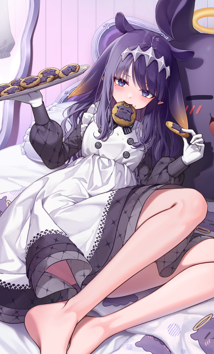 absurdres apron barefoot black_dress blush cookie curry_bowl dress female food gloves highres hololive hololive_english knees_apart_feet_together legs long_hair looking_at_viewer mole mole_under_eye mouth_hold ninomae_ina'nis ninomae_ina'nis_(pastry_chef) official_alternate_costume pointy_ears purple_eyes purple_hair tentacle_hair virtual_youtuber white_apron white_gloves