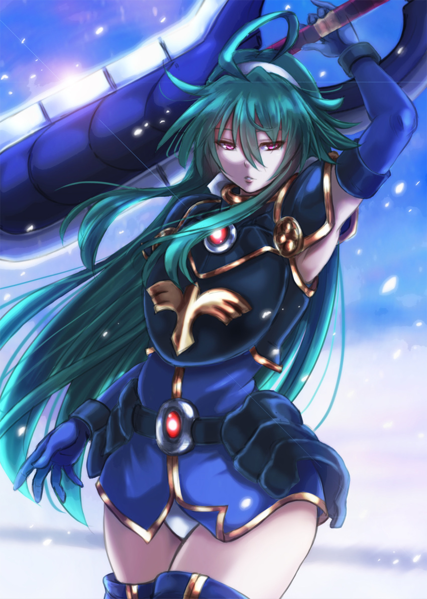 ahoge armor female green_hair hair_between_eyes harukaze_bou highres holding holding_weapon long_hair polaris_(shinrabanshou) red_eyes shinrabanshou solo very_long_hair weapon