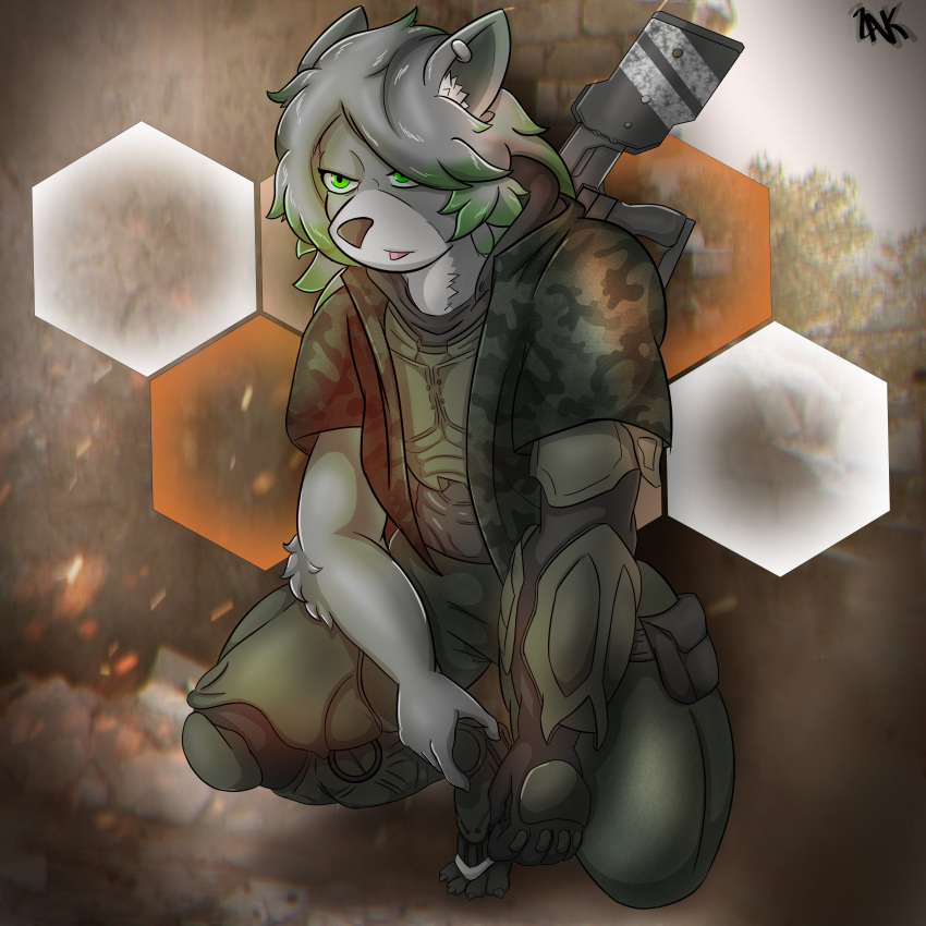 1:1 absurd_res anthro bottomwear canid canine canis clothing ear_piercing gloves green_eyes grey_body grey_hair gun hair handwear hi_res jacket male mammal pants piercing ranged_weapon shirt solo topwear weapon wolf zak_hitsuji