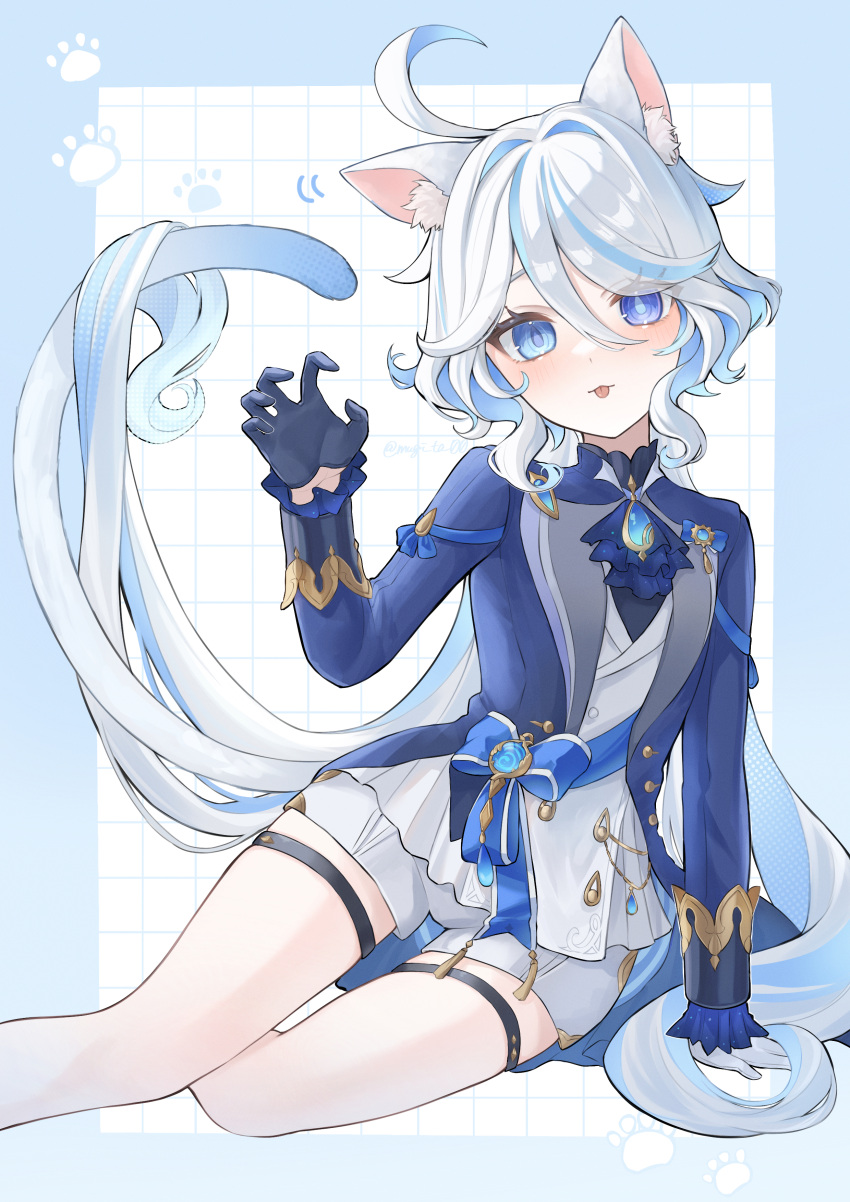 :3 :p absurdres ahoge animal_ear_fluff animal_ears arm_support artist_name ascot asymmetrical_gloves black_gloves blue_ascot blue_border blue_bow blue_eyes blue_gemstone blue_hair blue_jacket blush border bow brooch buttons cat_day cat_ears cat_girl cat_tail claw_pose closed_mouth commentary_request drop-shaped_pupils ear_wiggle eyelashes female frilled_sleeves frills furina_(genshin_impact) gem genshin_impact gloves gradient_tail grid_background hair_between_eyes hair_intakes half_gloves hand_up heterochromia highres jacket jewelry lapels long_hair long_sleeves looking_at_viewer lying mismatched_gloves mismatched_pupils mugita_(mokankan) multicolored_hair on_side open_clothes open_jacket outside_border parted_bangs paw_print shirt short_shorts shorts sidelocks simple_background sitting sleeve_cuffs solo streaked_hair swept_bangs symbol-shaped_pupils tail tassel thigh_strap tongue tongue_out twitter_username very_long_hair vision_(genshin_impact) white_background white_gloves white_hair white_shirt white_shorts