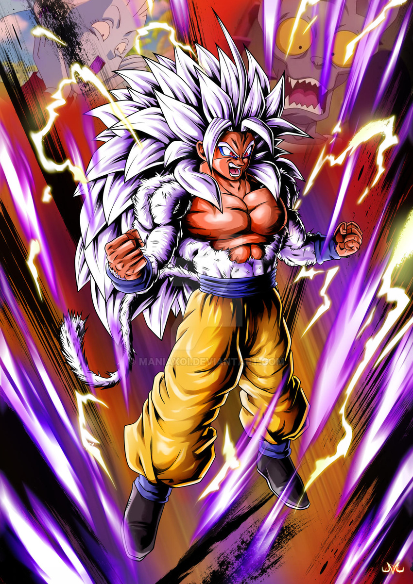 animal_humanoid aura beerus bottomwear clothing detailed dragon_ball dragon_ball_af dragon_ball_super fur glistening glistening_background glistening_body goku hair hi_res humanoid light light_beam long_hair male mammal mammal_humanoid maniaxoi muscular muscular_humanoid open_mouth primate primate_humanoid purple_aura saiyan solo super_saiyan_5 watermark whis white_body white_fur