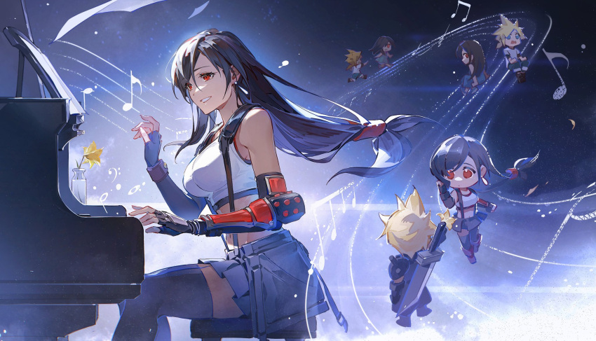 1boy age_progression black_hair blonde_hair breasts buster_sword chibi cloud_strife crop_top crow0cc earrings female final_fantasy final_fantasy_vii final_fantasy_vii_rebirth final_fantasy_vii_remake fingerless_gloves flower gloves grand_piano highres instrument jewelry large_breasts long_hair low-tied_long_hair miniskirt multiple_persona music musical_note parted_lips piano playing_instrument playing_piano red_eyes running single_arm_guard single_earring sitting skirt smile spiked_hair suspenders sword sword_on_back teardrop_earrings thighhighs tifa_lockhart weapon weapon_on_back yellow_flower