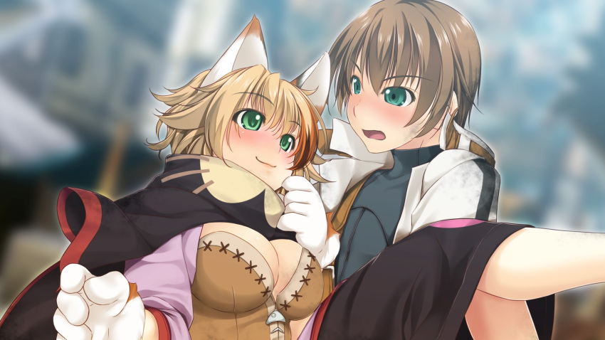 1boy alto_travers animal_ears animal_hands atelier-moo bare_legs blush breasts brown_hair carrying cat_ears cat_girl cat_paws cleavage closed_mouth feline_sora female gloves green_eyes hair_between_eyes highres large_breasts long_sleeves multicolored_hair narrow_waist open_mouth paw_gloves princess_carry short_hair smile standing streaked_hair town wizards_symphony