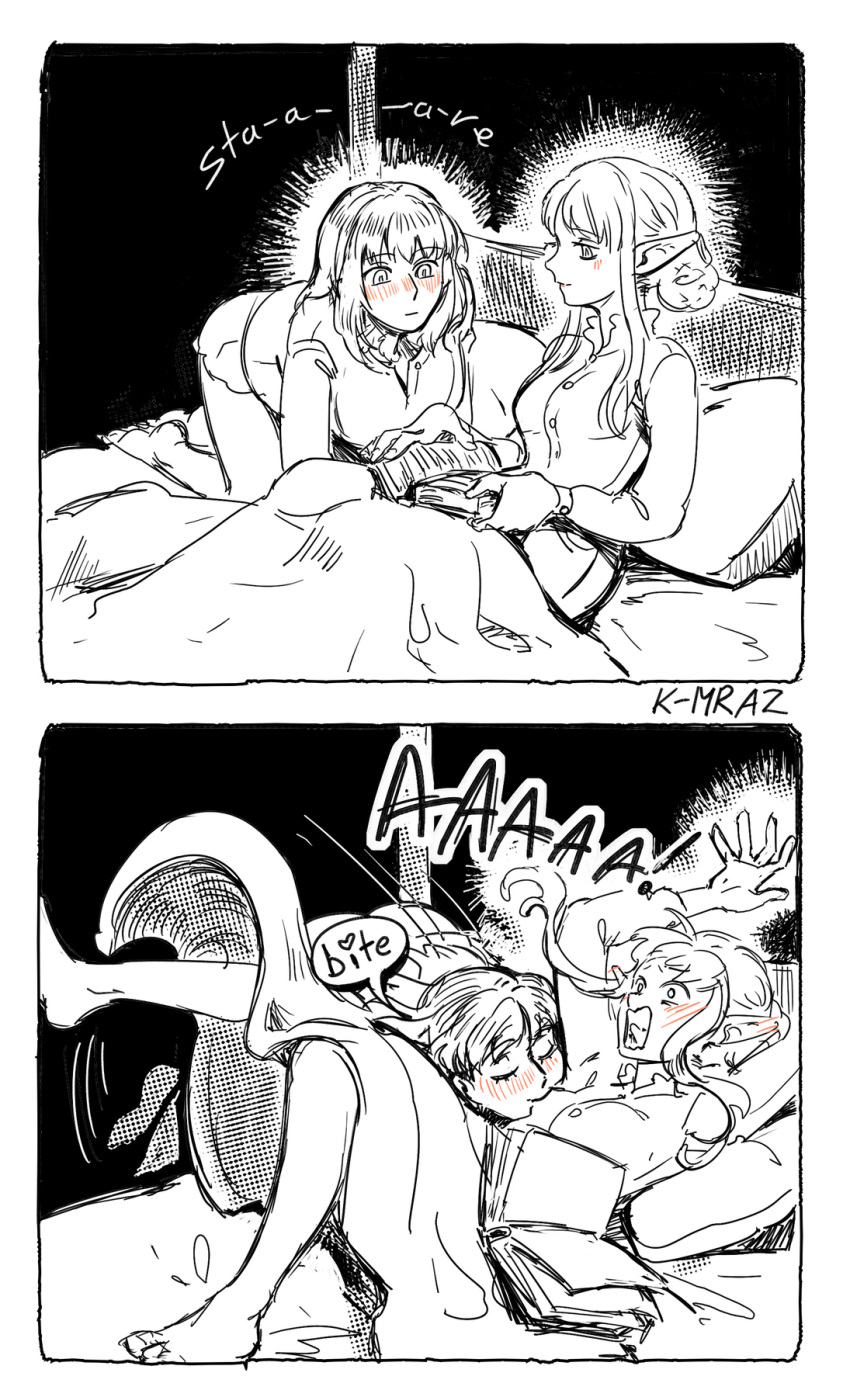 2girls bed biting blush book breast_sucking closed_eyes commentary dungeon_meshi elf english_commentary english_text falin_touden falin_touden_(tallman) feathers heart highres kmraz6 marcille_donato monochrome multiple_girls nipple_biting nipple_stimulation on_bed pajamas pillow pointy_ears reading spot_color under_covers yuri