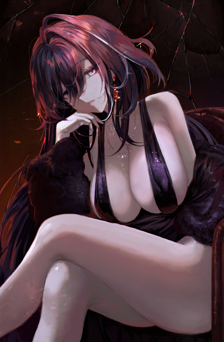 absurdres acheron_(honkai:_star_rail) alternate_costume armpit_crease bare_shoulders black_background black_coat black_dress black_hair breasts coat couch crack crossed_legs diamond-shaped_pupils diamond_(shape) dress earrings egoswans evening_gown feet_out_of_frame female fur_coat hair_between_eyes hand_up head_on_hand head_rest highres honkai:_star_rail honkai_(series) jewelry large_breasts long_hair looking_at_viewer necklace on_couch open_mouth purple_eyes sidelocks sitting solo symbol-shaped_pupils thighs