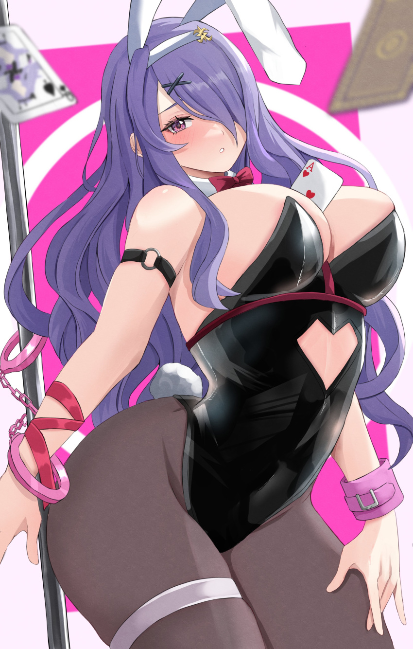 absurdres ace_(playing_card) ace_of_hearts alternate_costume animal_ears blush breasts camilla_(fire_emblem) card cleavage female fire_emblem fire_emblem_fates heart highres large_breasts leotard looking_at_viewer necktie pantyhose peli_cantaro playboy_bunny playing_card purple_eyes purple_hair queen_(playing_card) queen_of_spades rabbit_ears rabbit_hole_(vocaloid) rabbit_tail solo tail