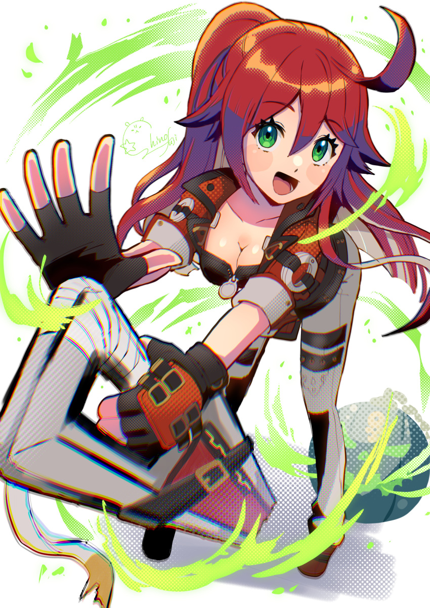 absurdres black_gloves breasts cleavage colored_inner_hair cosplay dorpos female fingerless_gloves gloves green_eyes guilty_gear guilty_gear_strive hair_between_eyes highres jack-o'_valentine junkyard_dog_mk_iii large_breasts long_hair long_sleeves looking_at_viewer multicolored_hair panties ponytail red_hair smile sol_badguy sol_badguy_(cosplay) suesuguru two-tone_hair underwear white_hair white_panties