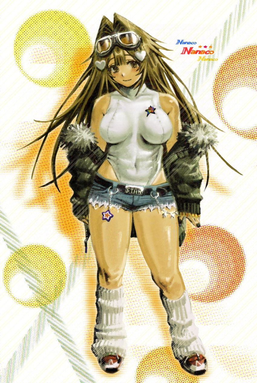 belt belt_buckle black_belt black_nails blue_shorts blush breasts brown_eyes brown_hair buckle chains character_name closed_mouth covered_navel cutoffs denim denim_shorts female full_body fur-trimmed_jacket fur_trim glint goggles goggles_on_head green_jacket hair_intakes hair_ornament halftone heart heart_hair_ornament highres hott0g111 jacket large_breasts leg_warmers leotard long_hair looking_at_viewer micro_shorts multicolored_background nail_polish nanaco_(hott0g111) open_clothes open_jacket orange_footwear original shoes shorts smile solo standing star_(symbol) white_background white_leg_warmers white_leotard