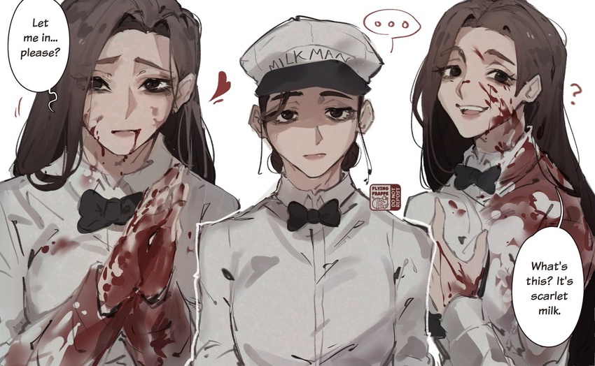 ... ? black_bow black_bowtie blood blood_from_mouth blood_on_clothes blood_on_face blood_on_hands bow bowtie breasts closed_mouth collared_shirt commentary english_commentary english_text female flying-frappuccino francis_mosses genderswap_(mtf) heart long_hair long_sleeves looking_at_viewer medium_breasts milkman rule_63 shirt simple_background smile solo spoken_ellipsis teeth that's_not_my_neighbor upper_teeth_only white_background white_shirt