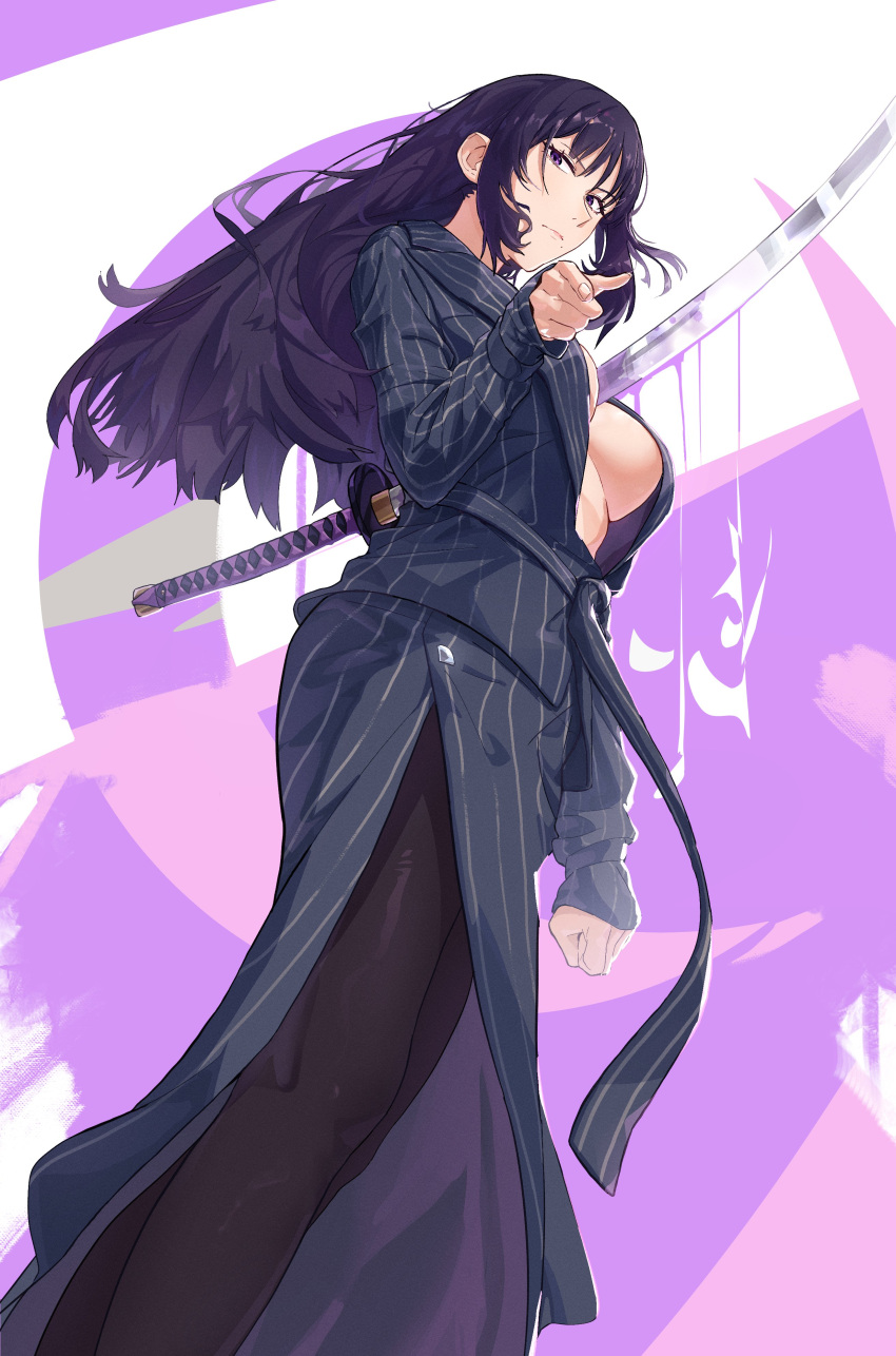 absurdres black_pantyhose blood blood_on_weapon borrowed_character breasts english_commentary female highres katana kohjiya_fukan long_hair long_sleeves mole mole_under_mouth open_clothes original pantyhose pointing pointing_at_viewer purple_blood purple_eyes purple_hair solo stabbed_heart sword thedicardo weapon