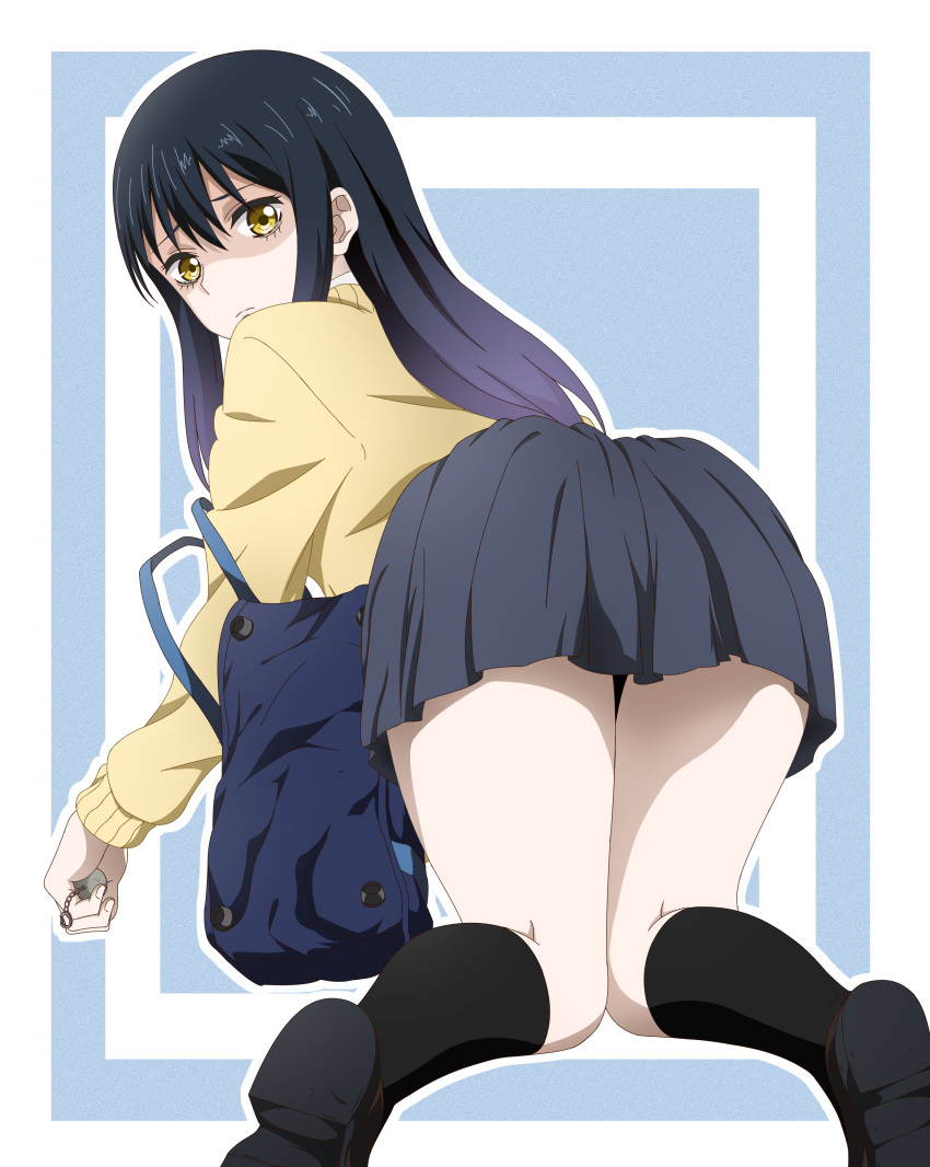 absurdres ass bag black_footwear black_hair black_skirt black_socks blue_background blue_bag blue_hair charm_(object) emily0103 female full_body gradient_hair highres holding long_hair long_sleeves looking_at_viewer looking_back mieruko-chan multicolored_hair scared school_bag shaded_face simple_background skirt socks solo sweater two-tone_background white_background yellow_eyes yellow_sweater yotsuya_miko