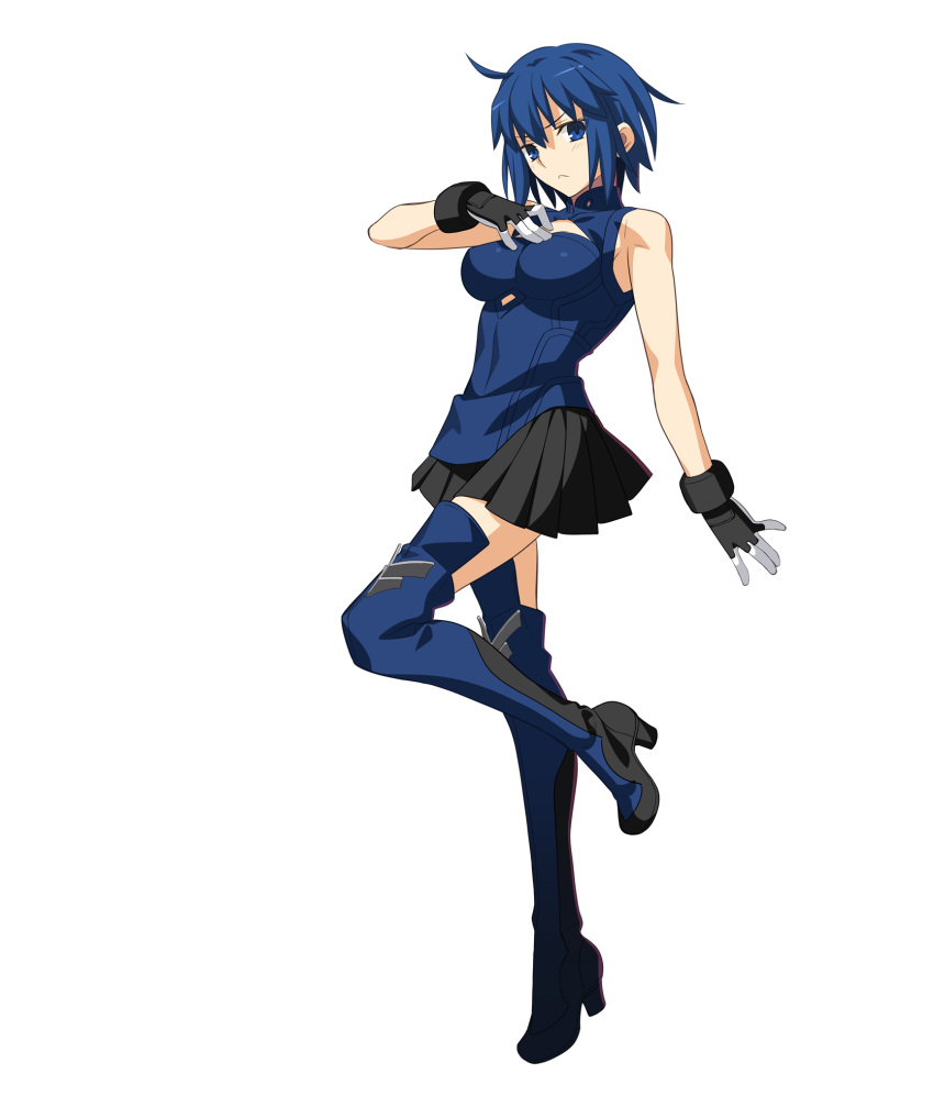 3d anime_coloring arm_at_side bare_arms bare_shoulders black_skirt blue_collar blue_dress blue_eyes blue_footwear blue_hair blue_pupils boots breasts ciel_(tsukihime) cleavage_cutout closed_mouth clothing_cutout collar collared_dress dress female frown full_body game_cg glove_cuffs gloves hair_between_eyes hand_on_own_chest high_heel_boots high_heels highres large_breasts looking_at_viewer melty_blood melty_blood:_type_lumina miniskirt non-web_source official_art pleated_skirt powered_ciel short_hair sidelighting simple_background skirt sleeveless sleeveless_dress solo tachi-e takeuchi_takashi thigh_boots transparent_background tsukihime tsukihime_(remake) two-tone_footwear two-tone_gloves type-moon white_gloves