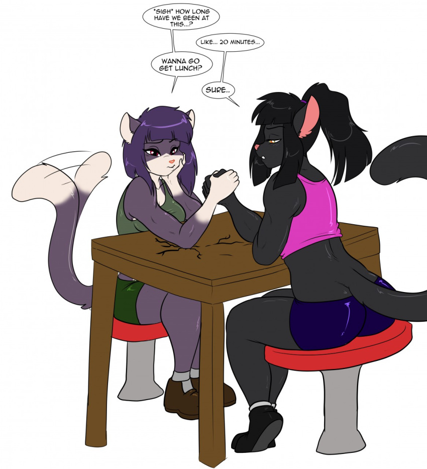 anthro arm_wrestling black_body black_fur black_hair domestic_cat duo felid feline felis female female/female fur hair hi_res las_lindas mammal purple_body purple_fur purple_hair rachael_saleigh sesame_akane skidd strength tail tail_motion tailwag uberquest