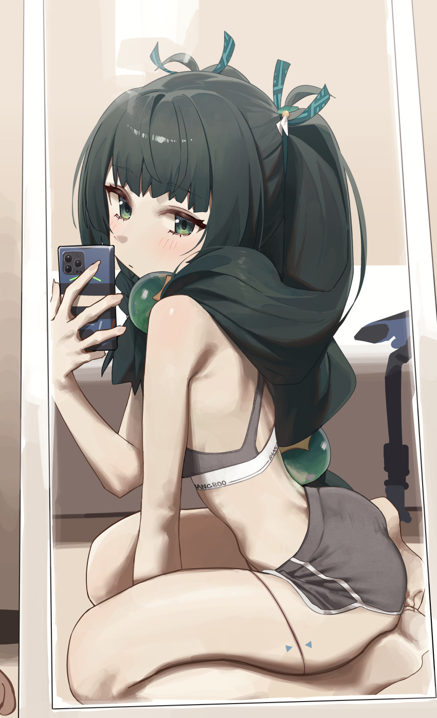 absurdres android bare_arms bare_legs barefoot black_shorts closed_mouth commentary_request dolphin_shorts female from_side green_eyes green_hair grey_sports_bra hair_ornament highres holding holding_phone indoors korean_commentary light_blush long_hair looking_at_mirror looking_at_viewer mirror phone qingyi_(zenless_zone_zero) revision shorts solo sports_bra syhan taking_picture thighs twintails zenless_zone_zero