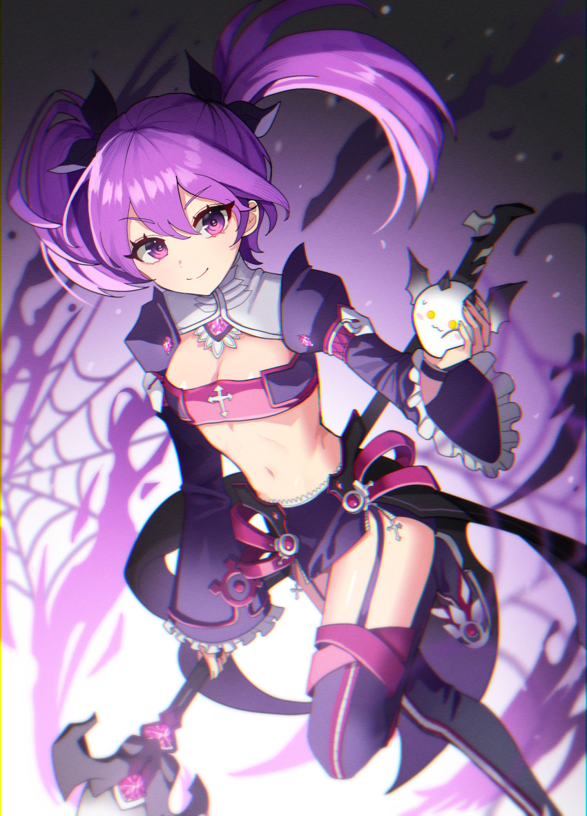 absurdres aisha_landar angkor_(elsword) asdff9919 bandeau black_ribbon breasts closed_mouth commentary creature elsword english_commentary female hair_between_eyes hair_ribbon highres holding holding_staff holding_weapon long_hair looking_at_viewer magic midriff miniskirt navel purple_eyes purple_hair purple_skirt purple_thighhighs ribbon skirt small_breasts smile staff stomach sweatdrop thighhighs twintails void_princess_(elsword) weapon wide_sleeves