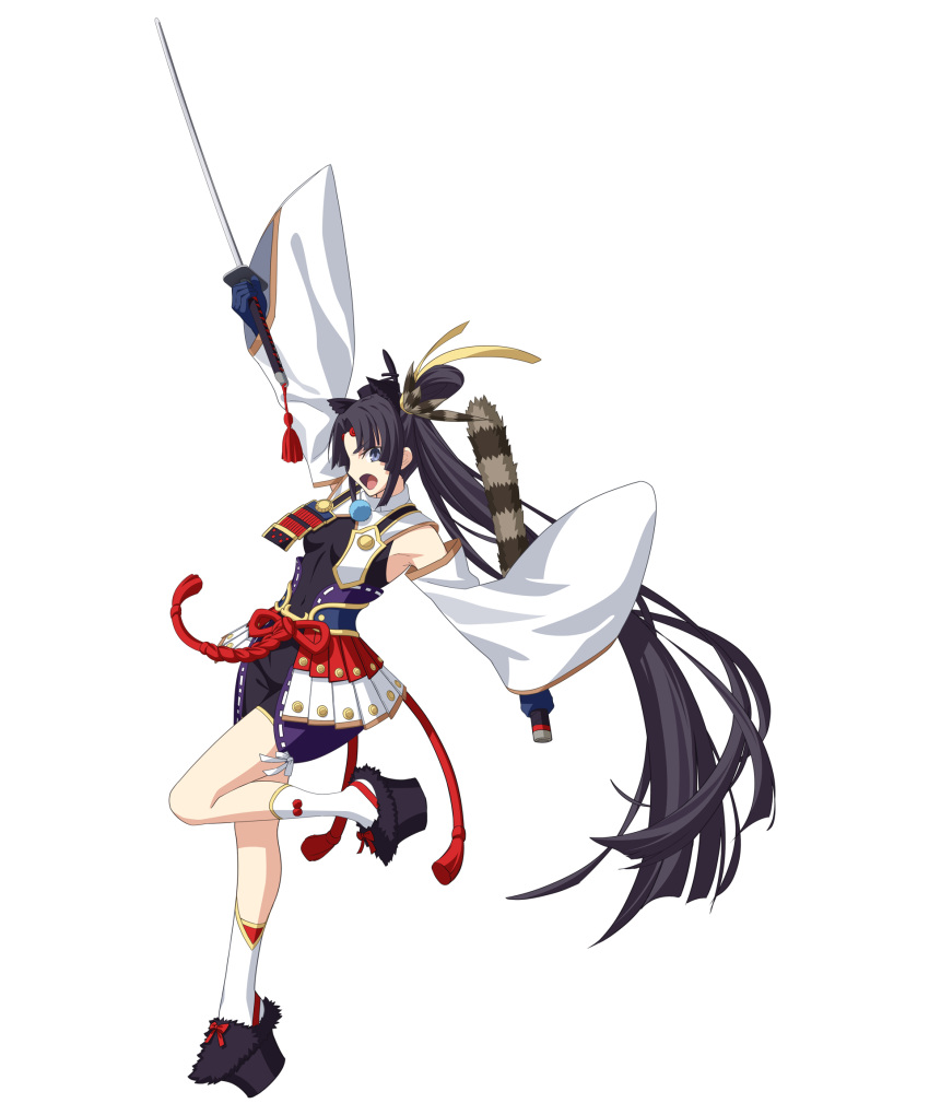 anime_coloring armor black_hair black_hat blue_eyes blue_gloves bodysuit bow breast_curtains breasts brown_feathers brown_tail detached_sleeves fate/grand_order fate_(series) feather_hair_ornament feathers female footwear_bow full_body fur_footwear furisode_sleeves game_cg gloves hair_bun hair_intakes hair_ornament hat highres holding holding_sheath holding_sword holding_weapon japanese_armor katana leg_up legs_apart long_hair medium_breasts melty_blood melty_blood:_type_lumina non-web_source official_alternate_costume official_art open_mouth parted_bangs platform_footwear platform_heels pommel_tassel profile raccoon_tail sheath showgirl_skirt side_ponytail sidelocks simple_background single_hair_bun single_side_bun skin_tight solo standing standing_on_one_leg strappy_heels sword tachi-e tail takeuchi_takashi tassel tate_eboshi transparent_background tsukihime tsukihime_(remake) two-tone_tail type-moon unsheathed ushiwakamaru_(fate) ushiwakamaru_(tour_outfit)_(fate) very_long_hair weapon white_sleeves