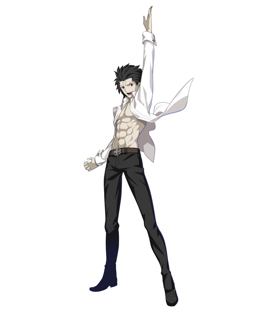 1boy abs anime_coloring bare_pectorals belt black_footwear black_hair black_pants brown_belt buttoned_cuffs buttons collar collarbone collared_shirt dress_shirt fingernails floating_clothes forehead game_cg hair_slicked_back highres legs_apart looking_at_viewer lower_teeth_only male_focus medium_hair melty_blood melty_blood:_type_lumina michael_roa_valdamjong no_nipples non-web_source official_art open_clothes open_hand open_mouth open_shirt pale_skin pants pectorals pointing pointing_up red_eyes shirt simple_background sleeve_cuffs solo standing takeuchi_takashi teeth tongue topless_male transparent_background tsukihime tsukihime_(remake) type-moon white_collar white_sleeve_cuffs white_sleeves wing_collar