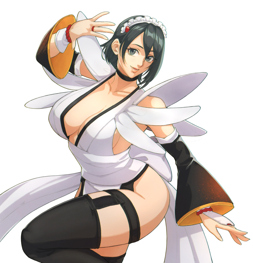 absurdres bare_shoulders black_hair breasts choker cleavage collarbone commission female fingernails grey_eyes hair_ornament hand_up highres iroha_(samurai_spirits) japanese_clothes ktovhinao lips looking_at_viewer maid maid_headdress medium_breasts open_mouth samurai_spirits short_hair simple_background sleeveless smile thighhighs thighs white_background wide_sleeves