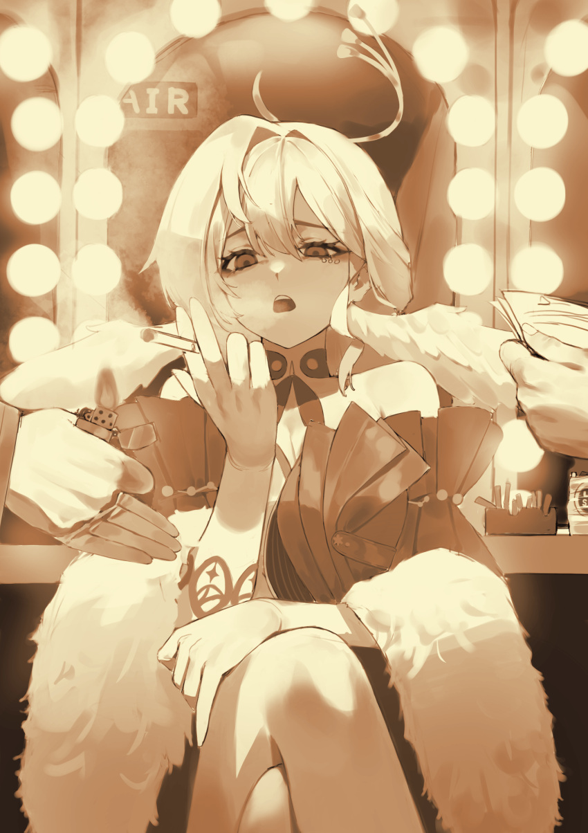 2boys cigarette coat crossed_legs dressing_room female flasso frown fur_coat hair_between_eyes highres holding holding_cigarette holding_lighter holding_paper honkai:_star_rail honkai_(series) lighter long_hair looking_at_viewer mirror monochrome multiple_boys open_mouth paper robin_(honkai:_star_rail) sitting smoke smoking solo_focus teeth upper_teeth_only