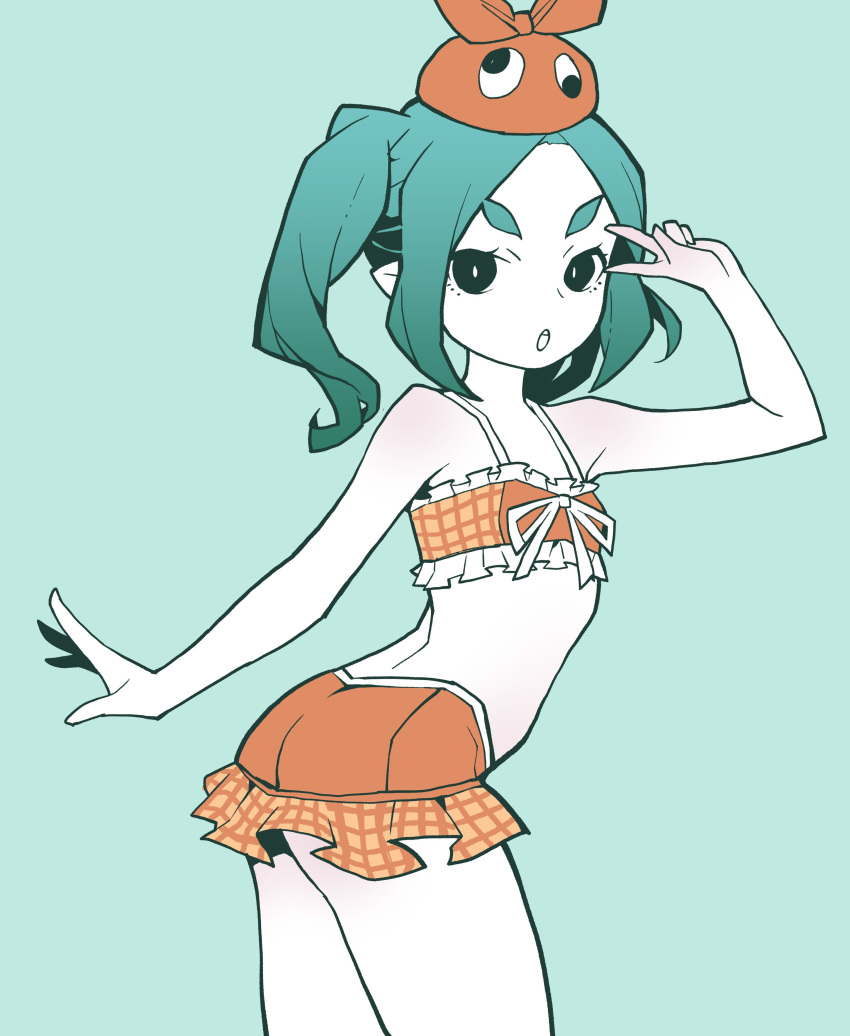 :o absurdres akableak aqua_background aqua_hair bare_shoulders bikini colored_skin cowboy_shot female googly_eyes green_background green_hair hat highres long_hair looking_at_viewer monogatari_(series) ononoki_yotsugi open_mouth orange_bikini orange_hat plaid_bikini plaid_clothes plaid_skirt short_eyebrows simple_background skirt solo swimsuit thick_eyebrows twintails v v_over_eye