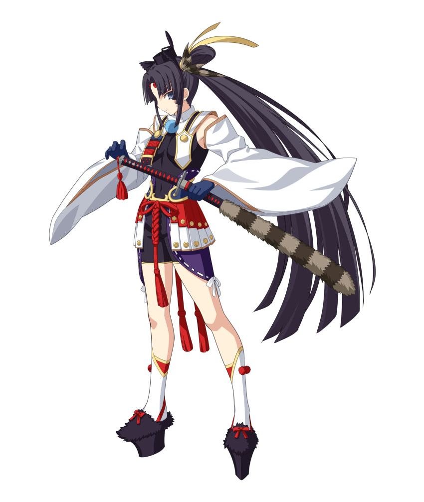 anime_coloring armor black_hair black_hat blue_eyes blue_gloves bodysuit bow breast_curtains breasts brown_feathers brown_tail closed_mouth detached_sleeves fate/grand_order fate_(series) feather_hair_ornament feathers female footwear_bow full_body fur_footwear furisode_sleeves game_cg gloves hair_bun hair_intakes hair_ornament hat highres holding holding_sheath holding_sword holding_weapon japanese_armor katana legs_apart long_hair medium_breasts melty_blood melty_blood:_type_lumina non-web_source official_alternate_costume official_art parted_bangs platform_footwear platform_heels pommel_tassel profile raccoon_tail sheath sheathed showgirl_skirt side_ponytail sidelocks simple_background single_hair_bun single_side_bun skin_tight solo standing strappy_heels sword tachi-e tail takeuchi_takashi tassel tate_eboshi transparent_background tsukihime tsukihime_(remake) two-tone_tail type-moon ushiwakamaru_(fate) ushiwakamaru_(tour_outfit)_(fate) very_long_hair weapon white_sleeves