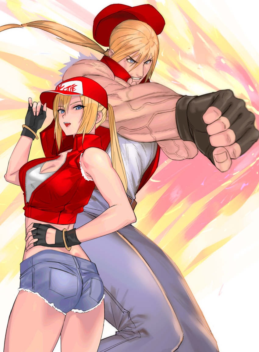 1boy attack baseball_cap belt black_gloves blonde_hair blue_eyes blue_pants breasts brown_belt buster_wolf cleavage denim denim_shorts dual_persona fatal_fury fatal_fury_cap female fingerless_gloves genderswap_(mtf) gloves hat highres incoming_attack jeans large_breasts long_hair looking_at_viewer micro_shorts midriff muscular navel pants ponytail red_hat red_vest rule_63 serious shirt shorts simple_background smile snk snk_heroines:_tag_team_frenzy solo terry_bogard tetsu_(kimuchi) the_king_of_fighters vest white_shirt