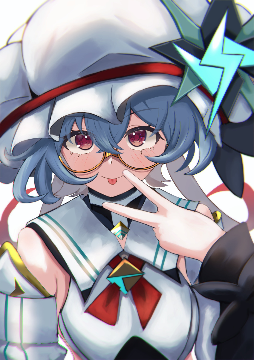 :p absurdres bare_shoulders blue_hair brevey_(tower_of_fantasy) closed_mouth detached_sleeves female futoshi_(futoshidao) glasses hair_between_eyes hand_up hat hat_ornament highres looking_at_viewer mob_cap red_eyes sailor_collar semi-rimless_eyewear shirt short_hair sleeveless sleeveless_shirt smile solo tongue tongue_out tower_of_fantasy under-rim_eyewear upper_body v white_hat white_sailor_collar white_shirt yellow-framed_eyewear