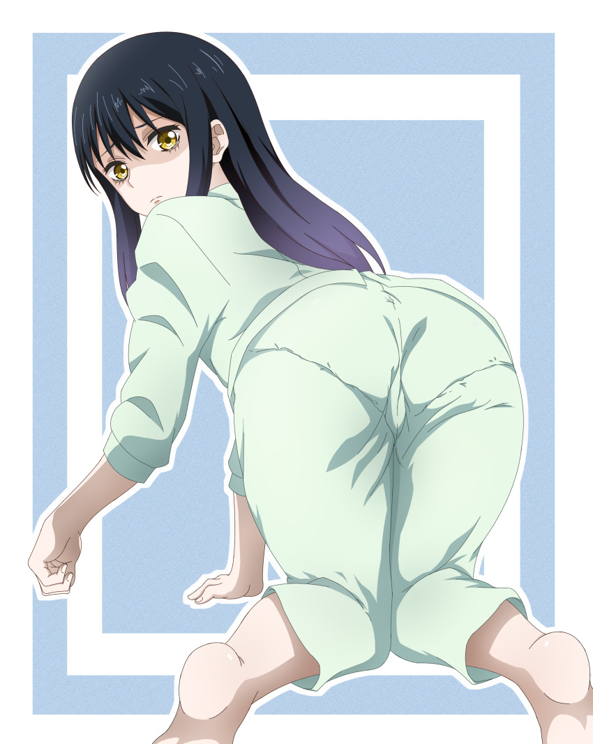 absurdres all_fours ass barefoot black_hair blue_background blue_hair emily0103 female full_body gradient_hair green_pajamas highres long_hair long_sleeves looking_at_viewer mieruko-chan multicolored_hair pajamas pantylines scared shaded_face solo two-tone_background white_background yellow_eyes yotsuya_miko