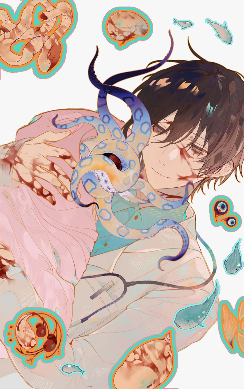 1boy black_eyes black_hair blood blood_on_clothes blood_on_face blood_on_hands blue-ringed_octopus blue_shirt chinese_commentary closed_mouth collared_shirt commentary_request fish gae54 highres jacket male_focus meng_yuanyan octopus open_clothes open_jacket shirt short_hair smile solo touqi_guaitan upper_body white_jacket