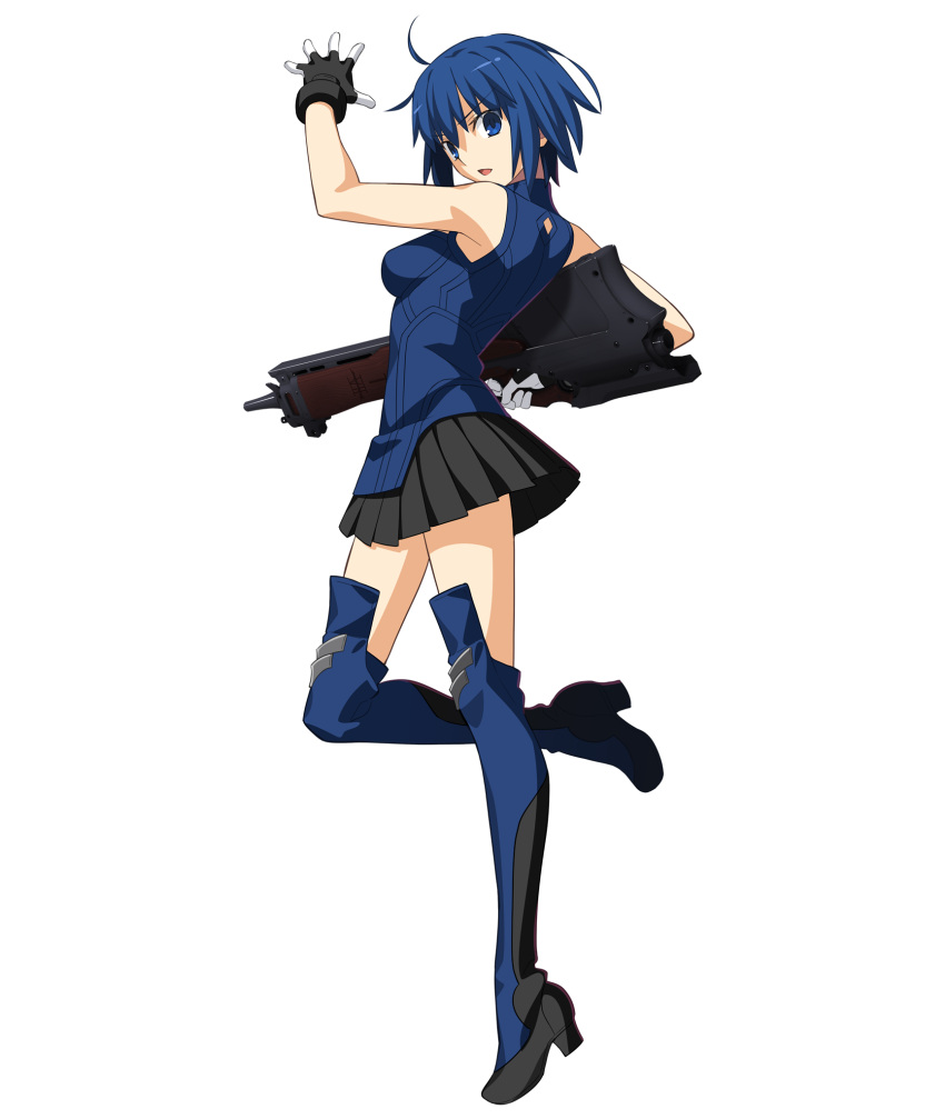 3d anime_coloring arm_up bare_arms bare_shoulders black_skirt blue_collar blue_dress blue_eyes blue_footwear blue_hair blue_pupils boots breasts ciel_(tsukihime) cleavage_cutout clothing_cutout collar collared_dress dress female full_body game_cg glove_cuffs gloves gun hair_between_eyes high_heel_boots high_heels highres holding holding_gun holding_weapon huge_weapon index_finger_raised large_breasts looking_at_viewer melty_blood melty_blood:_type_lumina miniskirt non-web_source official_art open_hand open_mouth pleated_skirt powered_ciel seventh_holy_scripture short_hair sidelighting simple_background skirt sleeveless sleeveless_dress solo tachi-e takeuchi_takashi thigh_boots transparent_background tsukihime tsukihime_(remake) two-tone_footwear two-tone_gloves type-moon weapon white_gloves