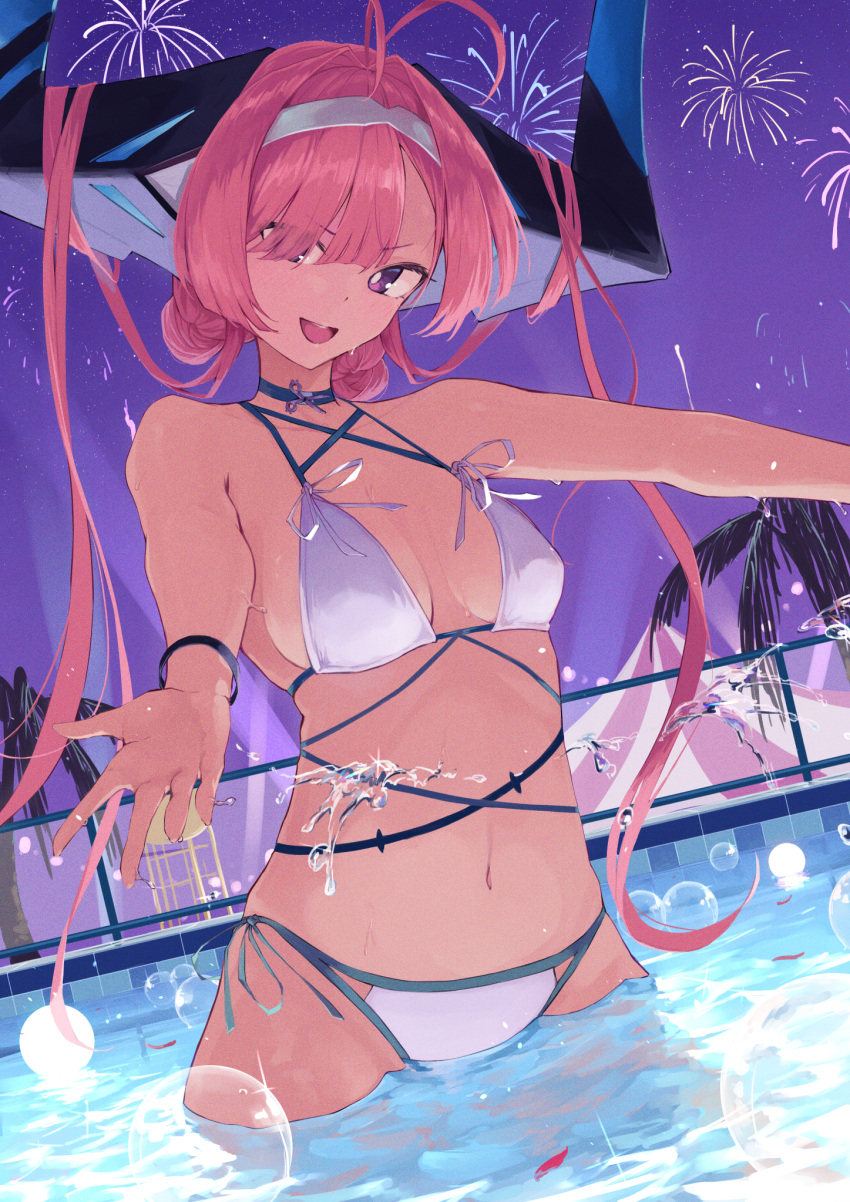 azur_lane bikini choker commentary_request female hair_on_horn headband highres horns huge_horns mechanical_horns multicolored_horns navel official_alternate_costume pink_hair pool prinz_rupprecht_(azur_lane) prinz_rupprecht_(midnight_pearl)_(azur_lane) purple_eyes side-tie_bikini_bottom solo swimsuit umiya_mizuki