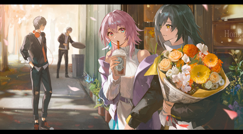 2boys 2girls absurdres anna_(drw01) black_jacket blush bouquet caelus_(honkai:_star_rail) cup dan_heng_(honkai:_star_rail) dan_heng_(kfc)_(honkai:_star_rail) disposable_cup flower grey_hair hair_between_eyes headphones headphones_around_neck highres holding holding_bouquet honkai:_star_rail honkai_(series) jacket letterboxed long_sleeves looking_at_another march_7th_(feast)_(honkai:_star_rail) march_7th_(honkai:_star_rail) medium_hair multiple_boys multiple_girls off_shoulder official_alternate_costume pink_eyes pink_hair short_hair smile stelle_(honkai:_star_rail) stelle_(world_tour_2023)_(honkai:_star_rail) trailblazer_(honkai:_star_rail) two-tone_eyes yellow_eyes