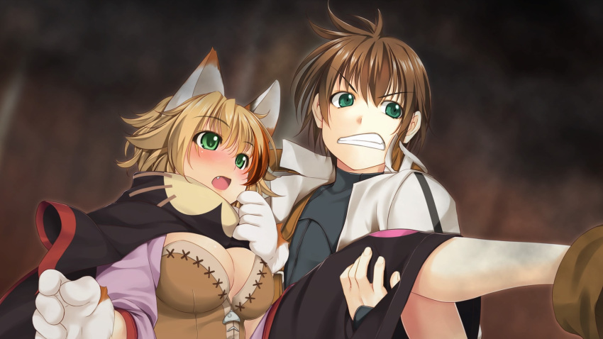 1boy alto_travers animal_ears animal_hands atelier-moo bad_source breasts brown_hair carrying cat_ears cat_girl cat_paws cleavage closed_mouth embarrassed feline_sora female fleeing gloves green_eyes hair_between_eyes highres large_breasts long_sleeves multicolored_hair narrow_waist oerba_yun_fang open_mouth paw_gloves princess_carry shoes short_hair skirt smoke streaked_hair teeth wizards_symphony