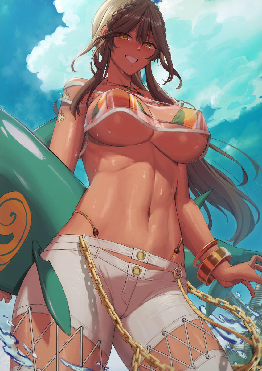 absurdres andromeda_(fate) andromeda_(second_ascension)_(fate) bandeau bare_shoulders bikini bikini_under_clothes blue_sky blush bracelet braid breasts brown_hair chains cleavage criss-cross_halter cross-laced_clothes crown_braid dark-skinned_female dark_skin denim fate/grand_order fate_(series) female green_eyes grey_pants grin halterneck highleg highleg_bikini highres inflatable_toy jeans jewelry kakeku large_breasts long_hair looking_at_viewer low_ponytail multicolored_bikini multicolored_clothes navel pants rainbow_bikini see-through sidelocks sky smile solo swimsuit thighs water