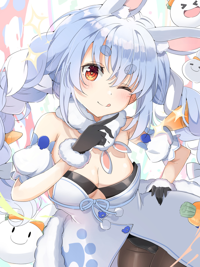 absurdres animal_ear_fluff animal_ears black_gloves black_leotard black_pantyhose blue_hair braid breasts carrot_hair_ornament commentary don-chan_(usada_pekora) dress female food-themed_hair_ornament fur-trimmed_dress fur-trimmed_gloves fur_trim gloves hair_ornament highres hololive leotard leotard_under_clothes looking_at_viewer medium_breasts multicolored_hair pantyhose pekomon_(usada_pekora) rabbit-shaped_pupils rabbit_ears rabbit_girl smile strapless strapless_leotard symbol-shaped_pupils tongue tongue_out twin_braids two-tone_hair usada_pekora usada_pekora_(1st_costume) virtual_youtuber white_dress white_hair yellow_eyes yunon_oto_mad